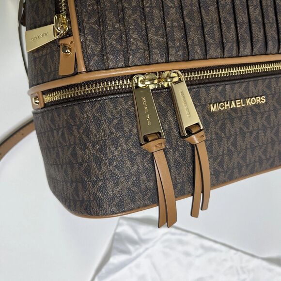 Michael Kors Rhea Medium Pleated Logo Backpack Brown Acorn NWT - Picture 13 of 16
